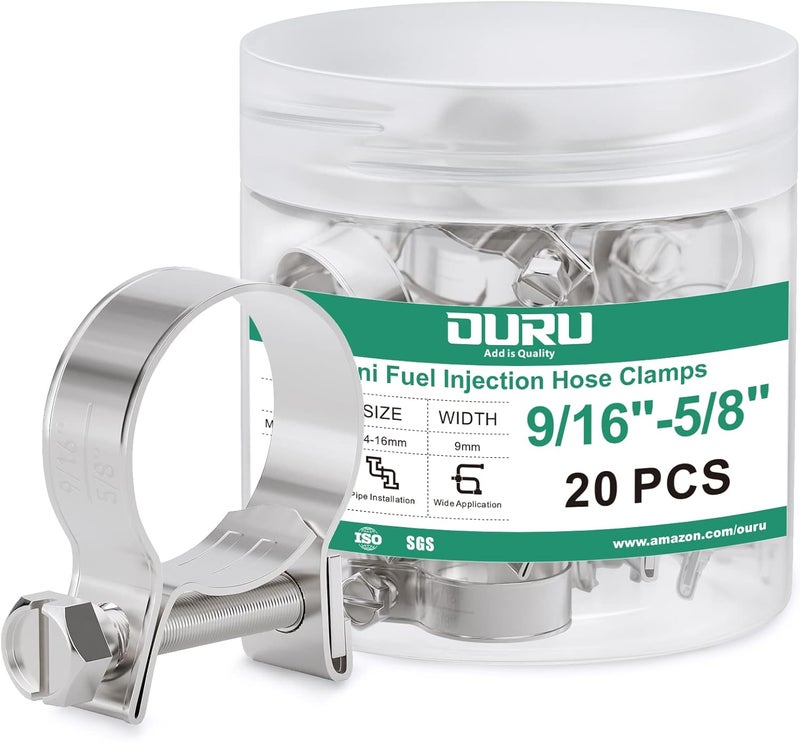 ORU 20PCS 3/8" Fuel Line Clamp 304 Stainless Steel,Adjustable 9/16"-5/8" Dia (14-16mm) Mini Fuel Injection Gas Line Hose Clamps,Pipe Clamp for Automotive,Diesel Petrol Pipe - Image 1